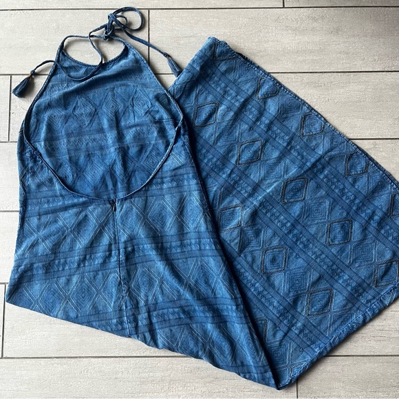 ZARA BEADED HALTER NECK LINEN BLEND DRESS SMALL INDIGO BOHEMIAN TEXTURED SUMMER - Picture 4 of 16